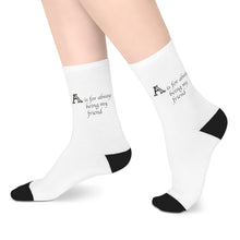 Load image into Gallery viewer, Letter A Design Mid-length Socks - &#39;A is for always being my friend&#39;
